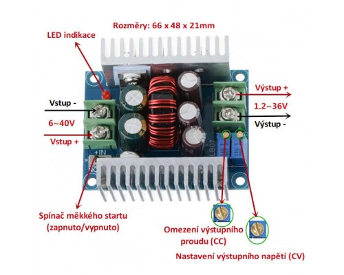 Výkonný Stepdown nastavitelný měnič 1.2 Výkonný Stepdown nastavitelný měnič 1.2 ~ 36V, 20A, 300W, CC/CV. 36V, 20A, 300W, CC/CV.