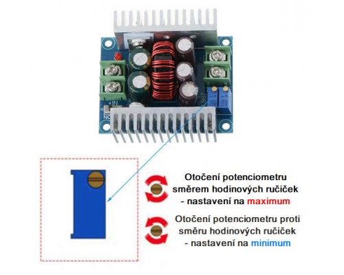 Výkonný Stepdown nastavitelný měnič 1.2 Výkonný Stepdown nastavitelný měnič 1.2 ~ 36V, 20A, 300W, CC/CV. 36V, 20A, 300W, CC/CV.