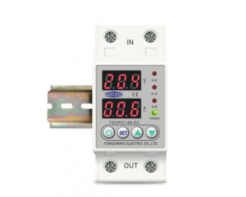 Nastavitelná ochrana na DIN lištu proti přepětí, podpětí a nadproudu, dvouřádkový LCD, 60A, 220V.