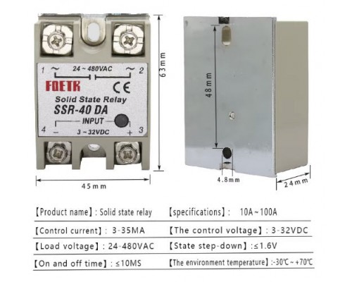 Relé SSR-40 DA 40A/24 až 380VAC, jednofázové.