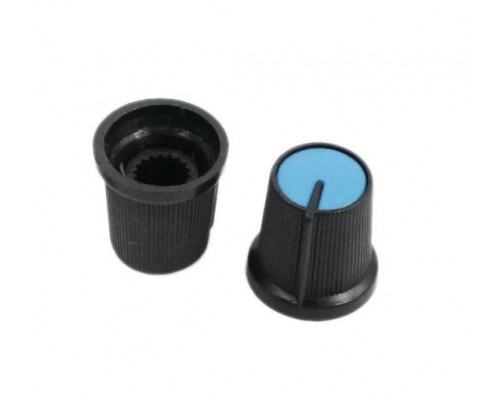 Knoflík černý a modrá rozlišovací barva, pro potenciometr o průměru hřídelky 6mm.