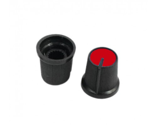 Knoflík černý a červená rozlišovací barva, pro potenciometr o průměru hřídelky 6mm.