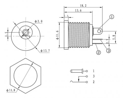 Napájecí konektor DC-022 5.5/2.1mm pro montáž do panelu.